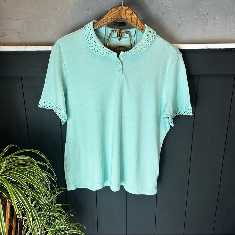 BLAIR Mint Green Eyelet Trim Collar Polo Shirt size‎ Large